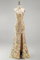 Load image into Gallery viewer, High Neck Floral Mermaid Champagne Open Back Long Wedding Guest Dress with Slit