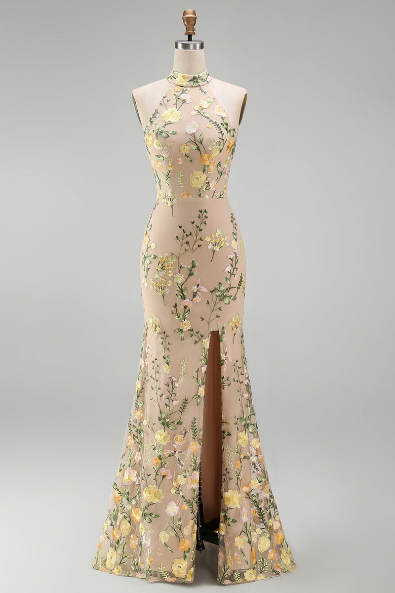 Load image into Gallery viewer, High Neck Floral Mermaid Champagne Open Back Long Wedding Guest Dress with Slit