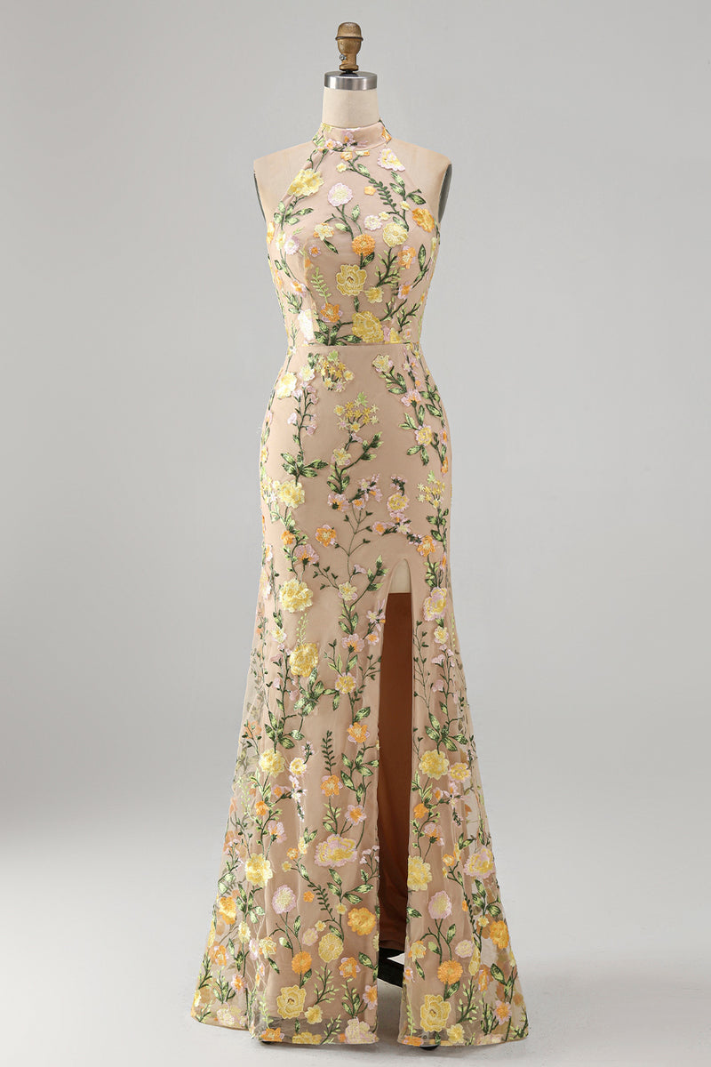 Load image into Gallery viewer, High Neck Floral Mermaid Champagne Open Back Long Wedding Guest Dress with Slit