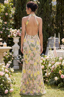 Load image into Gallery viewer, High Neck Floral Mermaid Champagne Open Back Long Wedding Guest Dress with Slit