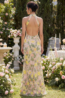 High Neck Floral Mermaid Champagne Open Back Long Wedding Guest Dress with Slit