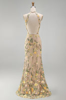Load image into Gallery viewer, High Neck Floral Mermaid Champagne Open Back Long Wedding Guest Dress with Slit