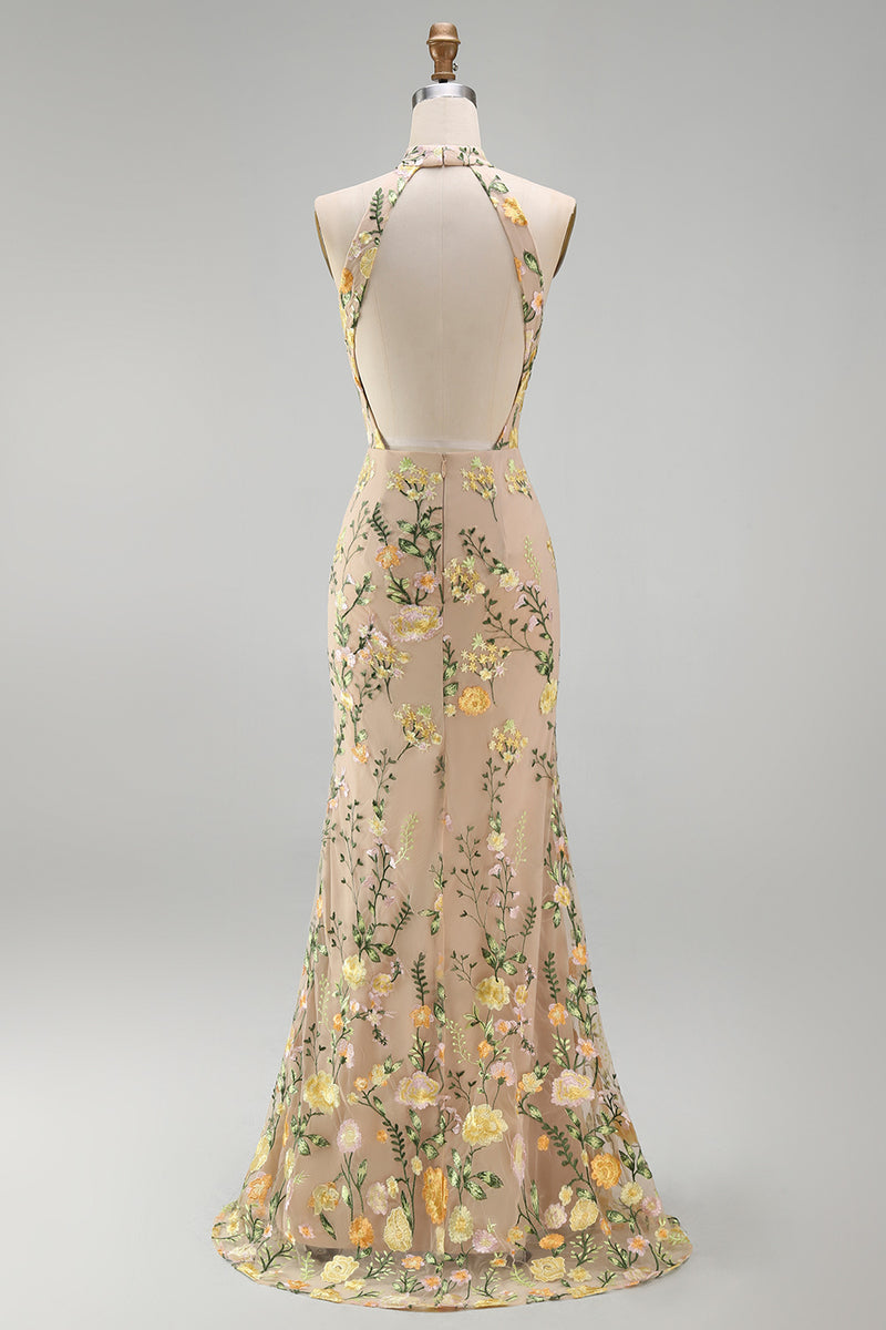 Load image into Gallery viewer, High Neck Floral Mermaid Champagne Open Back Long Wedding Guest Dress with Slit
