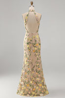 Load image into Gallery viewer, High Neck Floral Mermaid Champagne Open Back Long Wedding Guest Dress with Slit