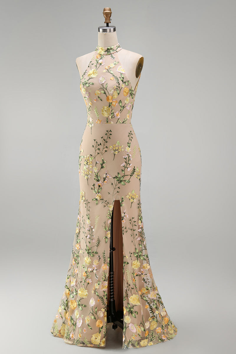 Load image into Gallery viewer, High Neck Floral Mermaid Champagne Open Back Long Wedding Guest Dress with Slit