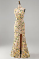Load image into Gallery viewer, High Neck Floral Mermaid Champagne Open Back Long Wedding Guest Dress with Slit