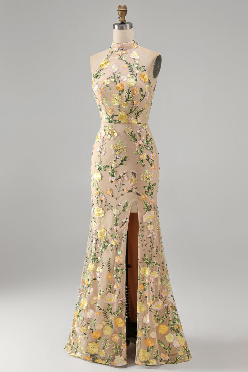 Load image into Gallery viewer, High Neck Floral Mermaid Champagne Open Back Long Wedding Guest Dress with Slit