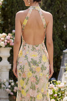 Load image into Gallery viewer, High Neck Floral Mermaid Champagne Open Back Long Wedding Guest Dress with Slit