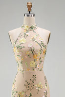 Load image into Gallery viewer, High Neck Floral Mermaid Champagne Open Back Long Wedding Guest Dress with Slit