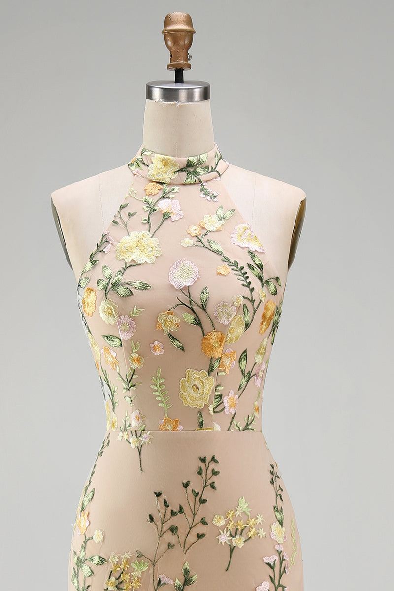 Load image into Gallery viewer, High Neck Floral Mermaid Champagne Open Back Long Wedding Guest Dress with Slit