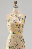 Load image into Gallery viewer, High Neck Floral Mermaid Champagne Open Back Long Wedding Guest Dress with Slit