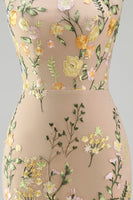 Load image into Gallery viewer, High Neck Floral Mermaid Champagne Open Back Long Wedding Guest Dress with Slit
