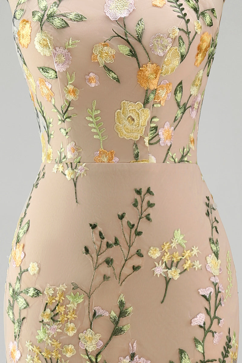 Load image into Gallery viewer, High Neck Floral Mermaid Champagne Open Back Long Wedding Guest Dress with Slit