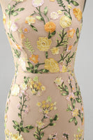 Load image into Gallery viewer, High Neck Floral Mermaid Champagne Open Back Long Wedding Guest Dress with Slit