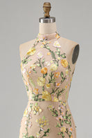 Load image into Gallery viewer, High Neck Floral Mermaid Champagne Open Back Long Wedding Guest Dress with Slit