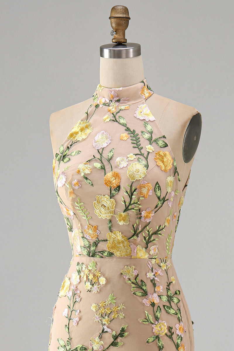 Load image into Gallery viewer, High Neck Floral Mermaid Champagne Open Back Long Wedding Guest Dress with Slit