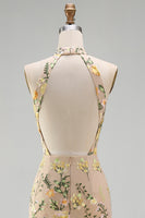 Load image into Gallery viewer, High Neck Floral Mermaid Champagne Open Back Long Wedding Guest Dress with Slit