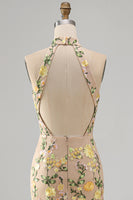 Load image into Gallery viewer, High Neck Floral Mermaid Champagne Open Back Long Wedding Guest Dress with Slit