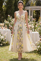 Load image into Gallery viewer, Floral V-Neck Champagne A Line Maxi Wedding Guest Dress