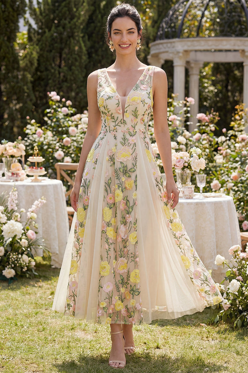Load image into Gallery viewer, Floral V-Neck Champagne A Line Maxi Wedding Guest Dress
