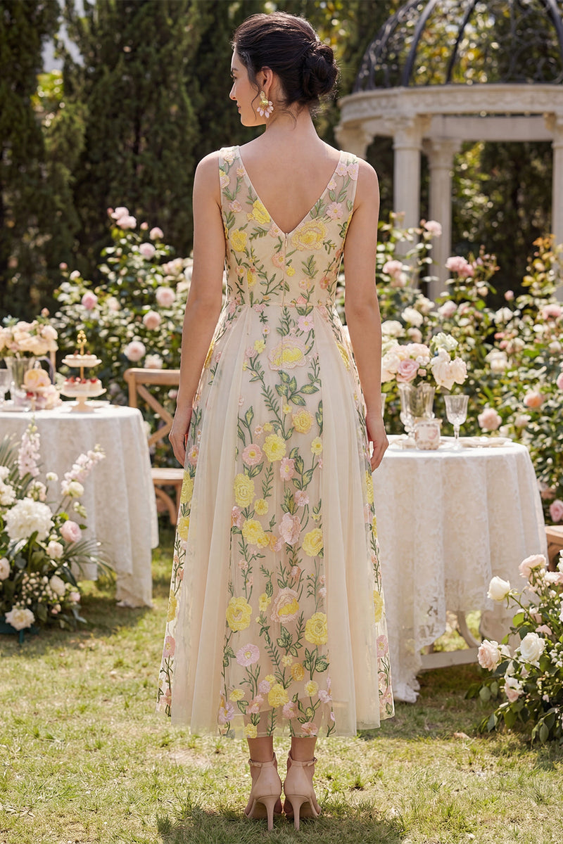 Load image into Gallery viewer, Floral V-Neck Champagne A Line Maxi Wedding Guest Dress