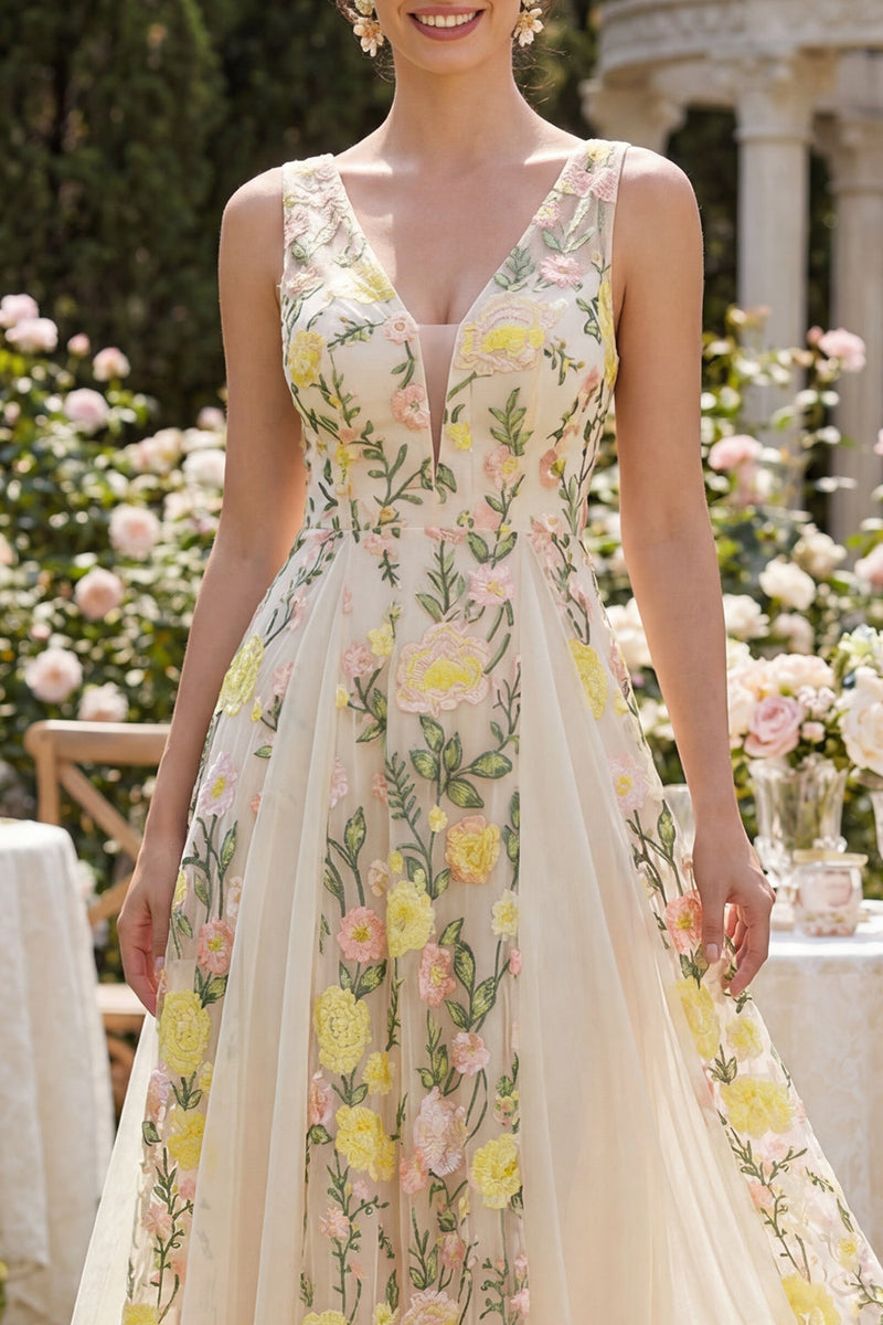 Load image into Gallery viewer, Floral V-Neck Champagne A Line Maxi Wedding Guest Dress