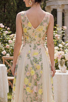 Load image into Gallery viewer, Floral V-Neck Champagne A Line Maxi Wedding Guest Dress