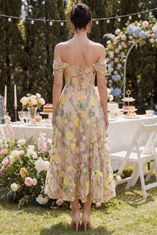 Champagne Corset Floral A Line Maxi Wedding Guest Dress with Ruffles