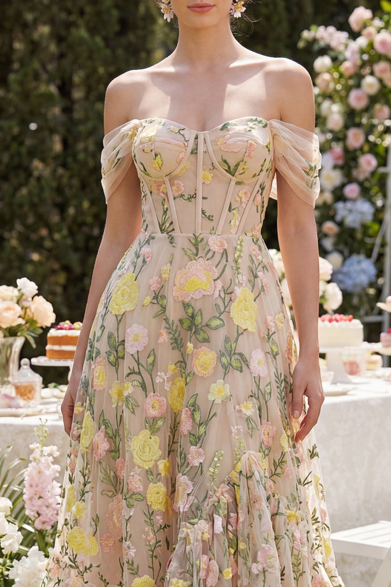 Load image into Gallery viewer, Champagne Corset Floral A Line Maxi Wedding Guest Dress with Ruffles