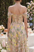 Load image into Gallery viewer, Champagne Corset Floral A Line Maxi Wedding Guest Dress with Ruffles