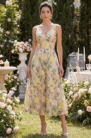 Load image into Gallery viewer, A Line Maxi Floral V-Neck Champagne Wedding Guest Dress