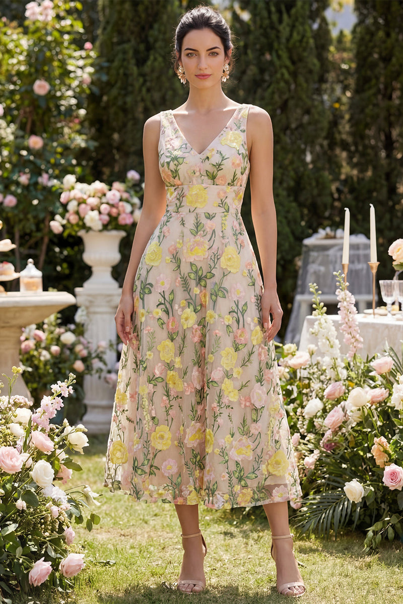 Load image into Gallery viewer, A Line Maxi Floral V-Neck Champagne Wedding Guest Dress