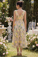 Load image into Gallery viewer, A Line Maxi Floral V-Neck Champagne Wedding Guest Dress