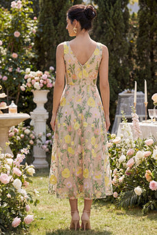 A Line Maxi Floral V-Neck Champagne Wedding Guest Dress