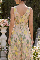 Load image into Gallery viewer, A Line Maxi Floral V-Neck Champagne Wedding Guest Dress