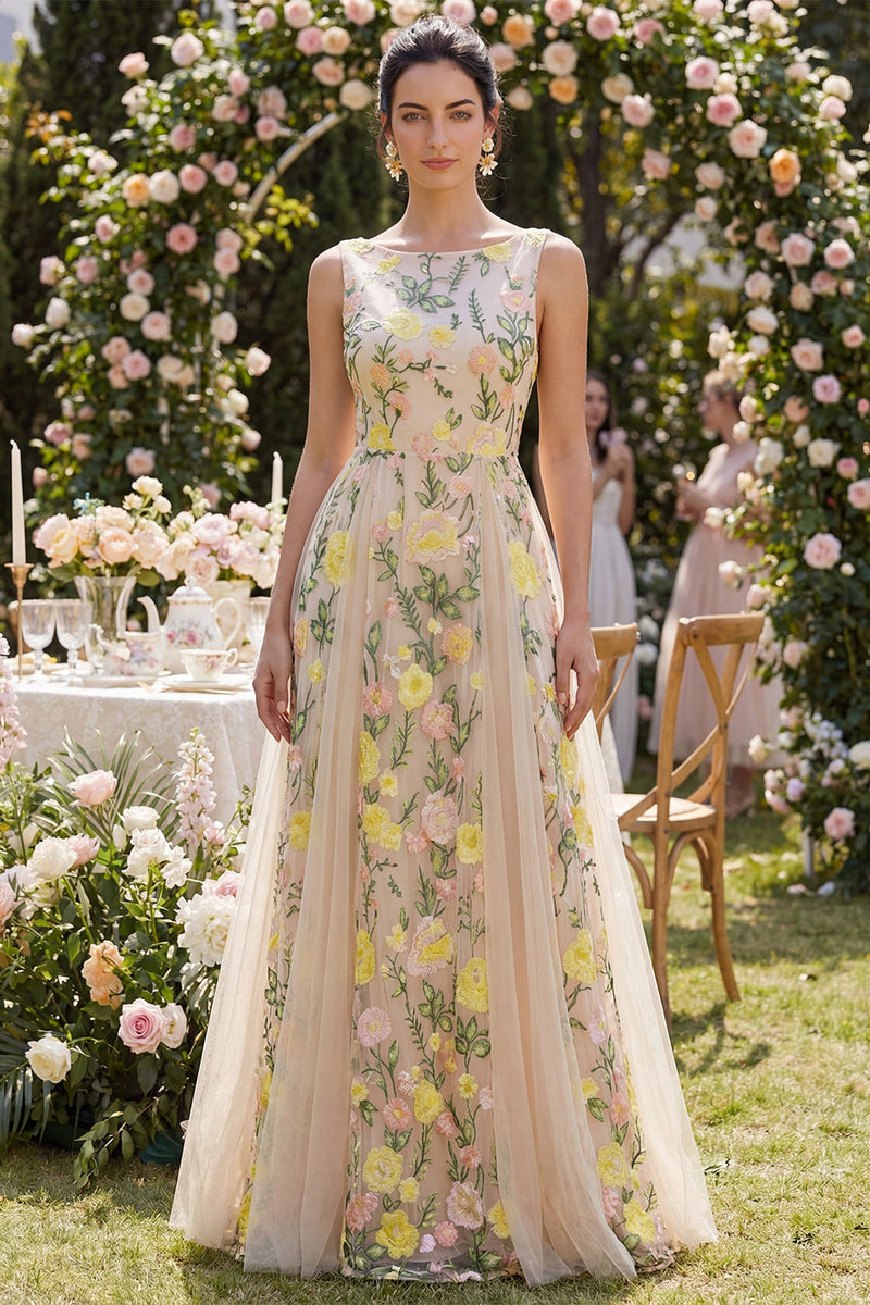 Load image into Gallery viewer, Floral Boat Neck A Line Long Champagne Wedding Guest Dress