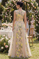 Load image into Gallery viewer, Floral Boat Neck A Line Long Champagne Wedding Guest Dress