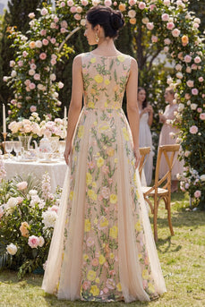 Floral Boat Neck A Line Long Champagne Wedding Guest Dress
