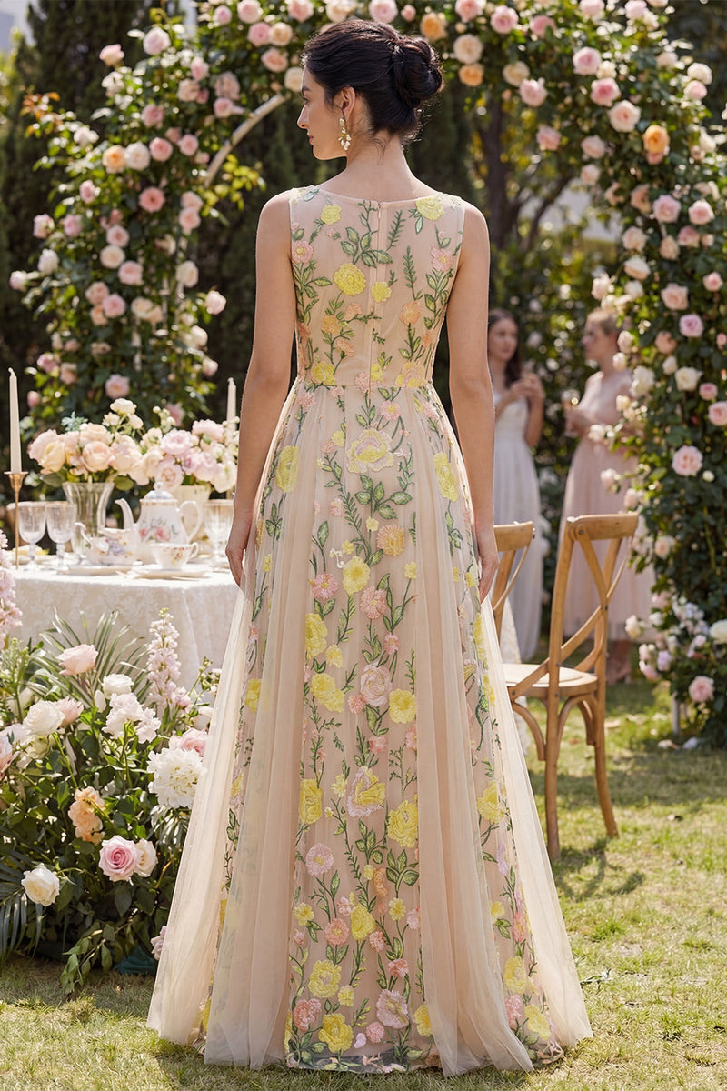 Load image into Gallery viewer, Floral Boat Neck A Line Long Champagne Wedding Guest Dress
