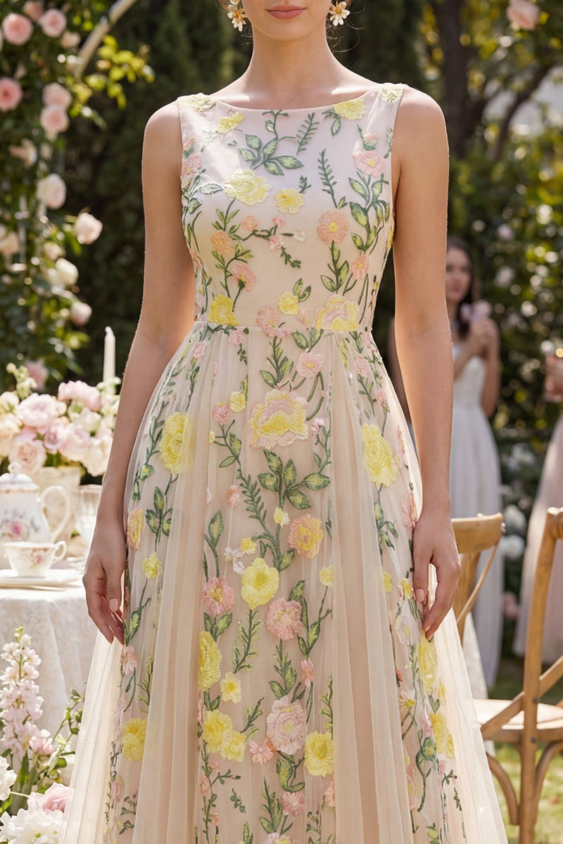 Load image into Gallery viewer, Floral Boat Neck A Line Long Champagne Wedding Guest Dress