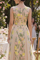 Load image into Gallery viewer, Floral Boat Neck A Line Long Champagne Wedding Guest Dress