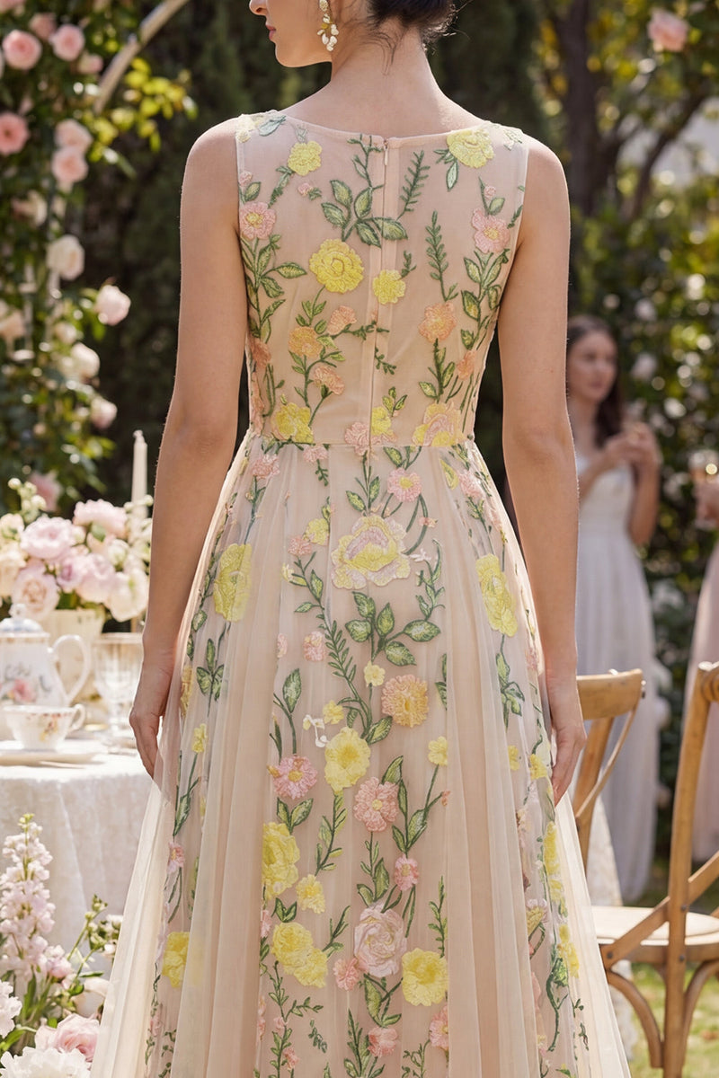 Load image into Gallery viewer, Floral Boat Neck A Line Long Champagne Wedding Guest Dress