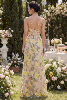 Spaghetti Straps A Line Floral Maxi Champagne Wedding Guest Dress with Slit