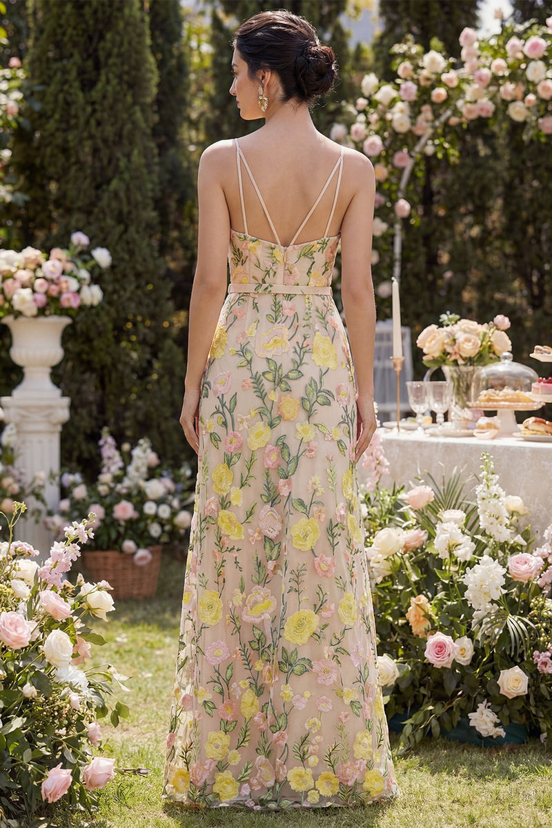 Load image into Gallery viewer, Spaghetti Straps A Line Floral Maxi Champagne Wedding Guest Dress with Slit