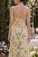 Load image into Gallery viewer, Spaghetti Straps A Line Floral Maxi Champagne Wedding Guest Dress with Slit