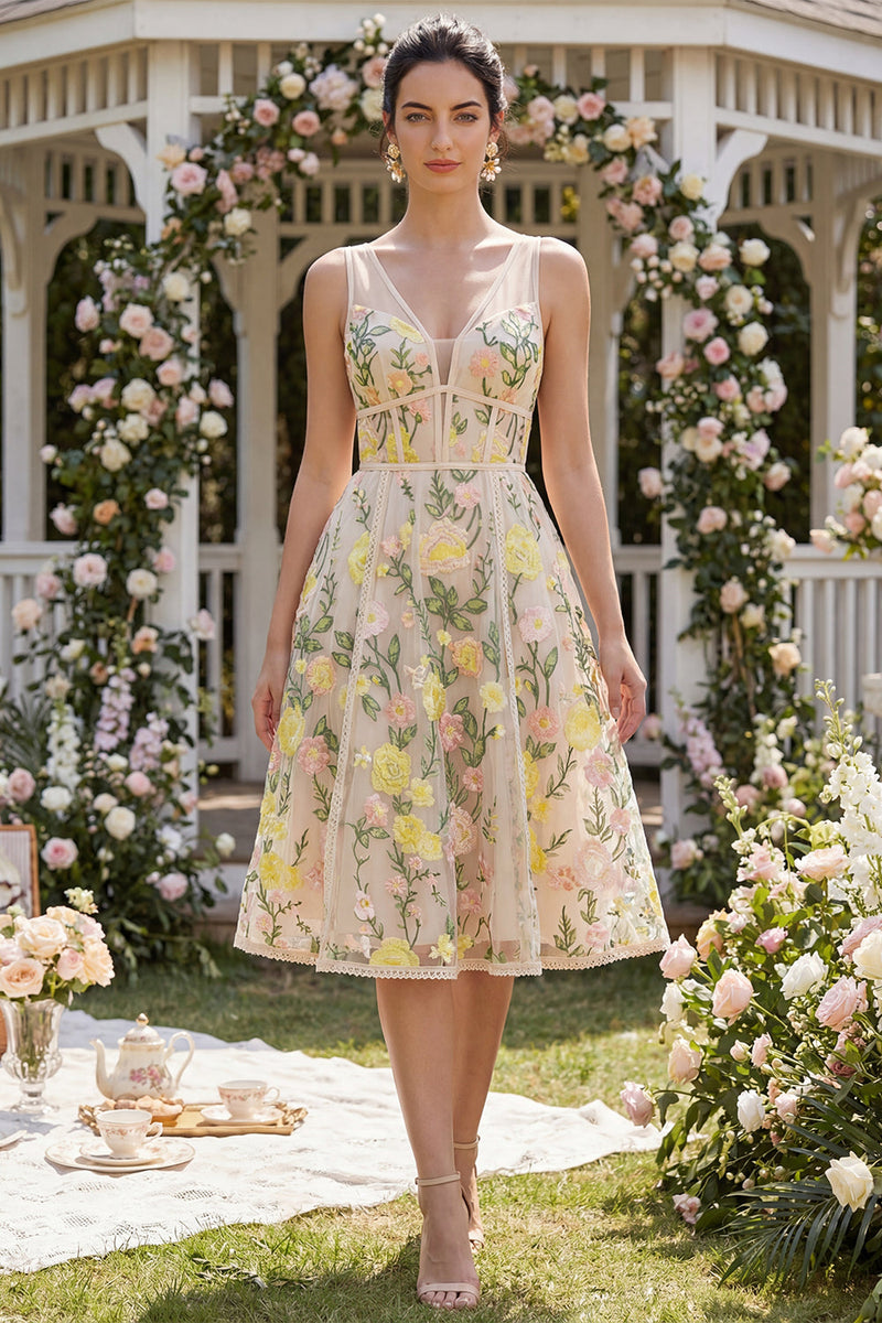 Load image into Gallery viewer, V-Neck Corset A Line Knee Length Champagne Wedding Guest Dress