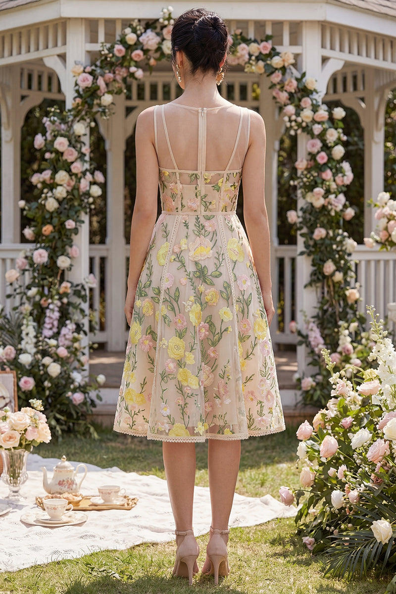 Load image into Gallery viewer, V-Neck Corset A Line Knee Length Champagne Wedding Guest Dress