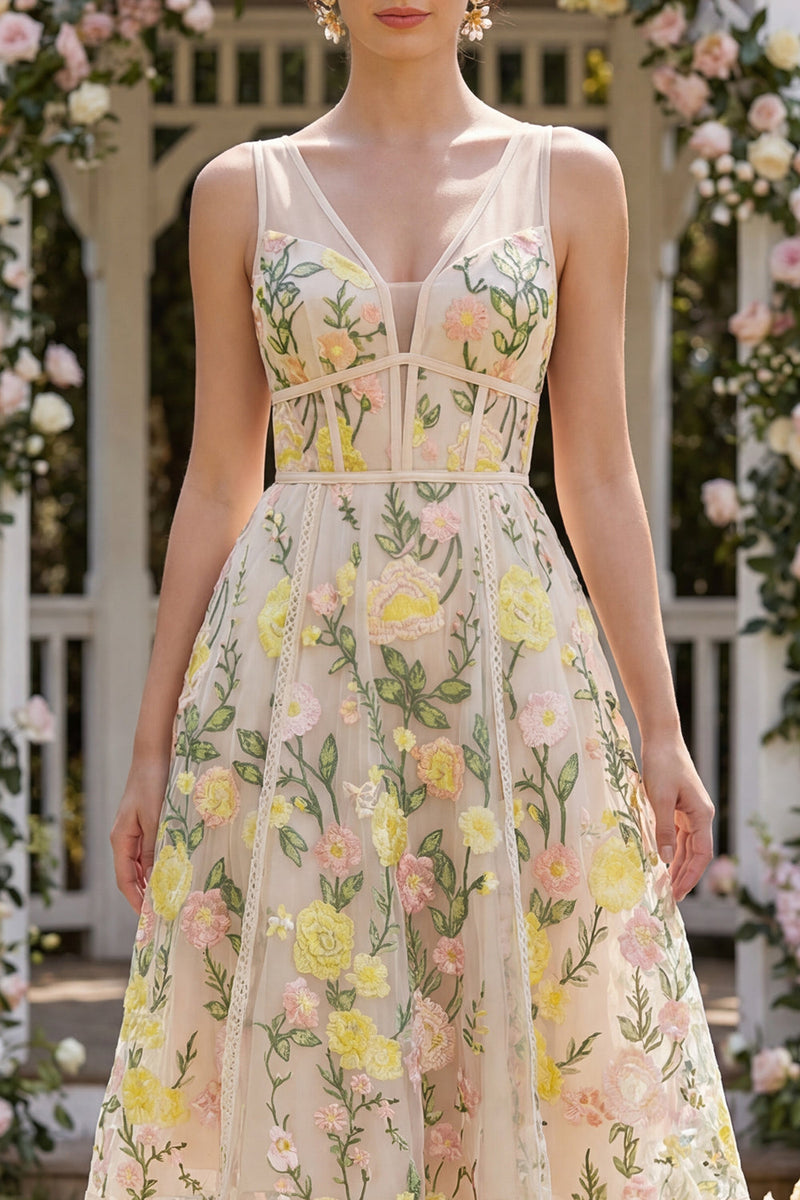 Load image into Gallery viewer, V-Neck Corset A Line Knee Length Champagne Wedding Guest Dress