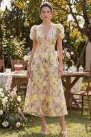 Load image into Gallery viewer, Puff Sleeves A Line Floral Maxi Champagne Wedding Guest Dress with Lace
