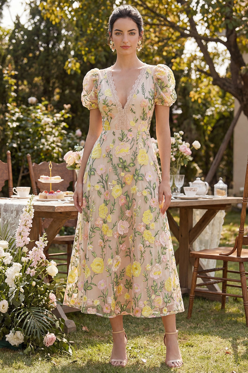 Load image into Gallery viewer, Puff Sleeves A Line Floral Maxi Champagne Wedding Guest Dress with Lace